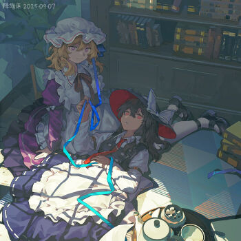 2girls apron artist_name black_dress black_hair black_hat black_shoes blonde_hair blue_ribbon book book_stack bookshelf check_commentary chinese_commentary commentary commentary_request cup dated dress furahata_gen hat highres indoors long_sleeves maribel_hearn mob_cap multiple_girls necktie pantyhose puffy_sleeves purple_dress purple_eyes red_eyes red_necktie ribbon shoes sitting sugar_cube sunlight table teacup teapot touhou usami_renko white_apron white_hat white_pantyhose yokozuwari
