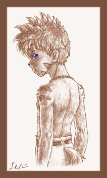 Rule 34 | 1boy, back, belt, blue eyes, body fur, border, closed mouth, jewelry, male focus, monochrome, necklace, original, pants, profile, short hair, solo, tail, topless male, treijim, upper body