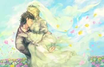 1boy 1girl black_hair blonde_hair bridal_veil carrying carrying_person cloud cloudy_sky couple dress erina_pendleton falling_petals formal_clothes happy hug husband_and_wife jojo_no_kimyou_na_bouken jonathan_joestar petals phantom_blood princess_carry sky smile suit veil wedding_dress