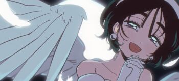 1girl absurdres alien_stage angel angel_wings anniversary black_hair chinese_commentary coldmeow commentary_request earrings feathered_wings gloves hairband highres jewelry neck_tattoo open_mouth own_hands_together partial_commentary pearl_earrings short_hair smile solo sphere_earrings sua_(alien_stage) tattoo tears white_gloves white_hairband white_wings wings