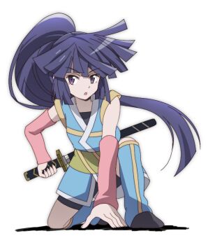 Rule 34 | 1girl, akatsuki (log horizon), bike shorts, black shorts, blue hair, blue kimono, blue legwear, detached sleeves, floating hair, full body, high ponytail, holding, holding sword, holding weapon, japanese clothes, kimono, leg warmers, log horizon, long hair, long sleeves, on one knee, onomekaman, open mouth, pink sleeves, ponytail, purple eyes, sheath, sheathed, short kimono, short shorts, shorts, simple background, sleeveless, sleeveless kimono, solo, sword, unsheathing, very long hair, weapon, white background