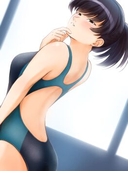 1girl amagami aroza_(xxpp3743) ass back_cutout black_eyes black_hair black_one-piece_swimsuit blue_one-piece_swimsuit blush breasts clothing_cutout commentary_request competition_swimsuit hand_on_own_chin highres median_furrow medium_breasts one-piece_swimsuit parted_lips ponytail racerback short_hair stroking_own_chin swimsuit tsukahara_hibiki two-tone_one-piece_swimsuit