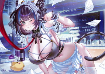 &gt;_&lt; 1girl alternate_costume apron azur_lane bent_over black_collar black_hair blue_hair blush bottle breasts cake cake_slice cat_tail cheshire_(azur_lane) cleavage closed_mouth collar cup food highres large_breasts leash looking_at_viewer manjuu_(azur_lane) multicolored_hair navel one_eye_closed see-through_apron see-through_clothes smile streaked_hair tail tansuan_(ensj3875) white_apron