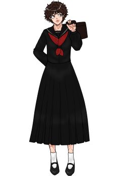 Rule 34 | 1girl, abs, absurdres, breasts, female focus, genderswap, genderswap (mtf), grappler baki, hanma baki, highres, large breasts, looking up, mallet, muscular, muscular female, red hair, scar, school uniform, solo, yellow eyes