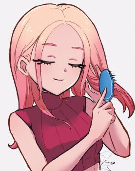 1girl brushing_hair brushing_own_hair closed_eyes closed_mouth commentary eyelashes hair_brush hands_up happy holding holding_hair_brush long_hair meru_merume603 nintendo pokemon pokemon_legends:_z-a red_shirt ribbed_shirt shirt signature simple_background smile solo taunie_(pokemon) upper_body