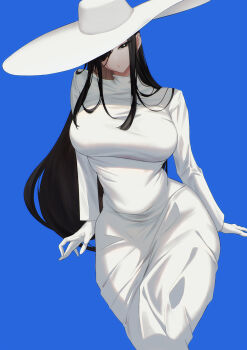 1girl black_eyes black_hair blue_background blueorca breasts bright_pupils commentary dress english_commentary gloves hair_over_one_eye hasshaku-sama hat highres japanese_urban_legends large_breasts large_hat long_hair looking_at_viewer original simple_background solo sun_hat sundress tall_female taut_clothes taut_dress turtleneck turtleneck_dress very_long_hair white_dress white_gloves white_pupils