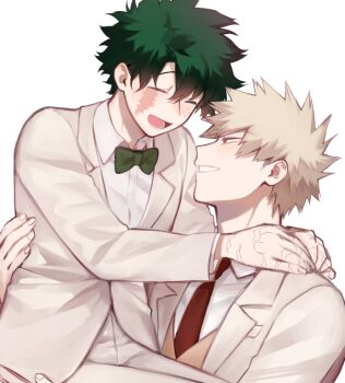 2boys bakugou_katsuki blonde_hair boku_no_hero_academia bow bowtie carrying carrying_person closed_eyes collared_shirt commentary facial_scar formal_clothes freckles green_bow green_bowtie green_hair grin jacket looking_at_another male_focus meltnotmelt midoriya_izuku multiple_boys multiple_scars necktie open_mouth pants princess_carry red_eyes red_necktie scar scar_on_cheek scar_on_face scar_on_hand shirt short_hair simple_background smile spiked_hair suit suit_jacket symbol-only_commentary teeth tongue white_background white_jacket white_pants white_shirt white_suit wing_collar yaoi