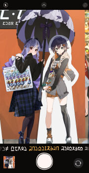 1girl absurdres alternate_costume astra_yao asymmetrical_legwear belle_(zenless_zone_zero) black_nails black_pantyhose black_shirt black_shoes black_thighhighs blue_hair closed_mouth commentary_request drill_hair eous_(zenless_zone_zero) full_body gloves highres holding holding_umbrella hood hooded_jacket itabag jacket long_hair long_sleeves looking_at_viewer mole mole_under_eye open_clothes open_jacket orange_gloves orange_socks oshi-katsu pantyhose pointy_ears purple_hair red_eyes shirasuke_0822 shirt shoes short_hair single_glove skirt smile socks standing thighhighs twin_drills umbrella uneven_legwear vivian_banshee zenless_zone_zero