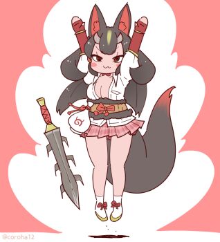 1girl animal_ears arms_up black_hair breasts choker cleavage colored_skin commentary_request coroha elbow_gloves extra_ears fingerless_gloves fox_ears fox_girl fox_tail full_body gloves horns japari_symbol jumping kemono_friends kemono_friends_3 kinkaku_(kemono_friends) large_breasts long_hair looking_at_viewer red_background red_skin ribbon shirt shoes simple_background skirt socks solo sword tail weapon