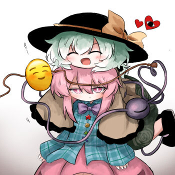2girls ^_^ annoyed aqua_shirt black_boots black_hat blush boots bow bowtie chin_rest closed_eyes closed_mouth emoji eyeball fedora floral_print frilled_sleeves frills green_hair green_skirt hair_between_eyes hat hat_bow hata_no_kokoro head_on_head head_rest heart heart_of_string heripantomorrow jitome komeiji_koishi long_sleeves medium_hair multiple_girls open_mouth pink_eyes pink_hair pink_skirt plaid_clothes plaid_shirt purple_bow purple_bowtie shirt sidelocks simple_background skirt smile third_eye touhou white_background wide_sleeves yellow_bow yellow_shirt