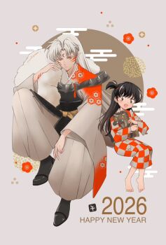1boy 1girl 2026 armor artist_name barefoot black_hair black_shoes checkered_clothes checkered_kimono child closed_mouth creature crescent crescent_facial_mark facial_mark fingernails forehead_mark full_body grey_background grey_hair hair_tie happy_new_year holding holding_creature inuyasha japan japanese_armor japanese_clothes kimono long_hair miokame new_year open_mouth pants parted_bangs pointy_ears rin_(inuyasha) sesshoumaru sharp_fingernails shoes shoulder_spikes side_ponytail sitting smile spikes white_pants