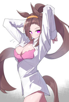 1girl absurdres animal_ears arms_up bra breasts brown_background brown_hair cleavage closed_mouth collared_shirt commentary_request flower-shaped_pupils hairband highres horse_ears horse_girl horse_tail long_hair looking_at_viewer orange_hairband partially_unbuttoned pink_bra pink_eyes sakura_bakushin_o_(umamusume) shirt simple_background solo symbol-shaped_pupils tail two-tone_background umamusume underwear white_background white_shirt yorozuya_(yoroz_ryobi)