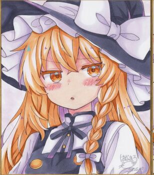 1girl black_hat black_ribbon black_vest blonde_hair blush bow braid commentary_request dated hair_bow hat hat_bow highres hoshi_tea_party kirisame_marisa looking_at_viewer neck_ribbon open_mouth ribbon shikishi side_braid signature single_braid solo touhou traditional_media vest witch_hat yellow_eyes
