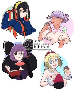 4girls :d black_gloves black_hair black_scarf blonde_hair blue_eyes blue_jacket blunt_bangs book bracelet buttons carmine_(pokemon) commentary_request crossed_bangs eyelashes glasses gloves hair_between_eyes hairband hand_up highres hisuian_poke_ball holding holding_book holding_pen holding_poke_ball irida_(pokemon) jacket jewelry multicolored_hair multiple_girls neck_ring nintendo open_mouth orange_eyes oysm_tmwrchan partially_fingerless_gloves pen poke_ball pokemon pokemon_bw pokemon_legends:_arceus pokemon_sv purple_hair red_gloves red_hair red_hairband round_eyewear scarf shauntal_(pokemon) shirt smile strapless strapless_shirt tulip_(pokemon) twitter_username two-tone_hair watermark yellow_eyes yellow_hairband yellow_shirt