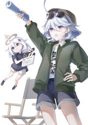Rule 34 | 2girls, absurdres, ahoge, alternate costume, arm up, blue eyes, blue hair, blue shorts, chair, clapperboard, closed mouth, commentary request, cowboy shot, cowlick, eyewear on head, furina (genshin impact), genshin impact, green jacket, grey hair, hair intakes, halo, hand on own hip, haru same322, heterochromia, highres, holding, jacket, long sleeves, looking to the side, multicolored hair, multiple girls, open clothes, open jacket, open mouth, paimon (genshin impact), round eyewear, shirt, shorts, simple background, smile, standing, streaked hair, sunglasses, v-shaped eyebrows, white background, white shirt