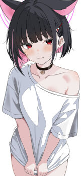 1girl absurdres alternate_costume animal_ears black_choker black_hair blue_archive blush cat_choker cat_ears cat_girl choker closed_mouth collarbone colored_inner_animal_ears colored_inner_hair commentary_request cowboy_shot extra_ears hair_ornament hairclip hakusimi_8943 halo highres kazusa_(blue_archive) looking_at_viewer multicolored_hair no_panties oversized_clothes oversized_shirt pink_hair pink_halo red_eyes shirt shirt_partially_removed shirt_tug short_hair simple_background solo two-tone_hair v_arms white_background white_shirt