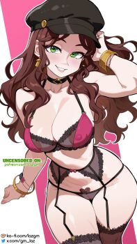 1girl adjusting_hair arm_up armpits bare_arms black_bra black_choker black_garter_belt black_hat black_panties bra bracelet breasts brown_hair cameltoe camisole choker cleavage collarbone commentary covered_erect_nipples covered_navel dorothea_arnault earrings english_commentary female_pubic_hair fire_emblem fire_emblem:_three_houses garter_belt gold_bracelet gold_earrings green_eyes grin hat heart-shaped_pubic_hair highres jewelry laz_gm long_hair nail_polish nintendo panties pink_bra pink_nails pubic_hair pubic_hair_peek revealing_clothes see-through_bra see-through_clothes see-through_panties shaped_pubic_hair smile solo stomach thick_thighs thighhighs thighs underwear very_long_hair