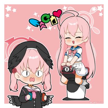 <|>_<|> 2girls :d ^_^ bare_shoulders beret black_hat black_shirt black_shoes black_wings blue_archive blue_sailor_collar blush border bow breasts capriccyo chibi closed_eyes commentary_request feathered_wings halo hanako_(blue_archive) hat head_wings heart highres holding kirby_(series) kirby_air_ride kirby_air_riders kneehighs koharu_(blue_archive) long_hair long_sleeves low_wings medium_breasts multiple_girls nintendo nose_blush off_shoulder open_mouth pink_background pink_bow pink_hair pleated_skirt puffy_long_sleeves puffy_sleeves sailor_collar school_uniform serafuku shirt shoes short_sleeves skirt sleeves_past_wrists smile socks standing star_(symbol) translation_request twintails twitter_username very_long_hair wavy_mouth white_border white_sailor_collar white_serafuku white_shirt white_skirt white_socks wings