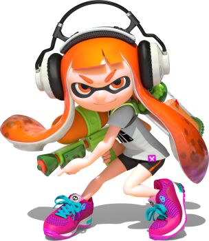 1girl 3d absurdres bare_arms bike_shorts eye_mask full_body gradient_hair headphones highres holding holding_weapon ink_tank_(splatoon) inkling inkling_girl inkling_player_character kaori_(splatoon) leaning_forward long_hair looking_at_viewer mask multicolored_hair nintendo official_art orange_eyes orange_hair pink_shoes shirt shoelaces shoes short_eyebrows short_hair_with_long_locks sidelocks smile sneakers solo splatoon_(series) splatoon_1 splattershot_(splatoon) spotted_hair standing suction_cups t-shirt tentacle_hair thick_eyebrows transparent_background two-tone_hair v-shaped_eyebrows weapon white_shirt