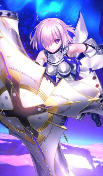 Rule 34 | 1girl, ahoge, armor, armored boots, armored leotard, bare shoulders, black leotard, blue background, boobplate, boots, bracer, breastplate, breasts, closed mouth, commentary request, fate/grand order, fate (series), game cg, hand up, heattech leotard, holding, holding shield, large breasts, leotard, looking at viewer, lord camelot (fate), mash kyrielight, mash kyrielight (paladin), multicolored hair, official art, one eye covered, outstretched arm, pantyhose, pink hair, purple eyes, purple hair, shield, short hair, solo, standing, takeuchi takashi, thigh strap, third-party source, turtleneck, two-tone hair, waist cape, white armor