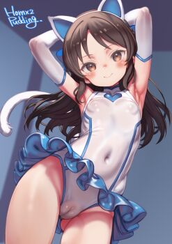 1girl animal_ears armpits blue_bow blush bow brown_eyes brown_hair cameltoe cat_ears cat_tail covered_erect_nipples covered_navel elbow_gloves fake_animal_ears fake_tail flat_chest frilled_leotard frills gloves gluteal_fold hair_bow highres idolmaster idolmaster_cinderella_girls idolmaster_cinderella_girls_u149 impossible_clothes impossible_leotard leotard loli long_hair puddinghomhom shiny_skin skin_tight solo standing tachibana_arisu tail white_leotard