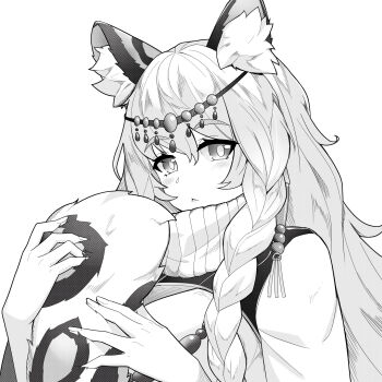 Rule 34 | 1girl, :<, absurdres, animal ear fluff, animal ears, arknights, braid, braided sidelock, circlet, closed mouth, commentary request, dress, fingernails, grey eyes, greyscale, hair between eyes, hands up, highres, holding own tail, light blush, long hair, long sidelocks, looking at viewer, monochrome, muji (majunduo), pramanix (arknights), sidelocks, simple background, snow leopard ears, snow leopard girl, snow leopard tail, solo, tail, turtleneck, turtleneck dress, upper body, white background, white dress, white hair