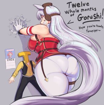 1boy 1girl absurdres alternate_ass_size alternate_body_size alternate_breast_size_(larger) animal_ears arm_up armband armpits ass black_pants black_vest breasts brown_hat calendar_(object) chest_harness collared_shirt commentary crack cracked_wall curvy english_text face-to-face fang flying_sweatdrops giant giantess gloves gold_ship_(red_strife)_(umamusume) gold_ship_(umamusume) grey_hair grin hand_on_wall harness haru_urara_(bestest_prize)_(umamusume) haru_urara_(umamusume) hat height_difference highres horse_ears horse_girl horse_tail huge_ass huge_breasts kabedon legs_apart long_hair looking_at_another open_clothes open_vest pants pantylines pillbox_hat sargassum shirt skindentation smile standing striped_armband striped_clothes t-head_trainer_(umamusume) tail thigh_strap trainer_(umamusume) umamusume very_long_hair very_long_tail vest white_gloves wing_collar yellow_eyes yellow_shirt