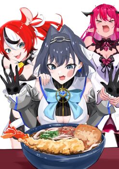 >_< 3girls absurdres against_glass animal_ear_fluff animal_ears bare_shoulders black_gloves black_hair black_shirt black_streaks blue_eyes bow bow_earrings bowl breasts brooch chain cheek_press cheese choker cleavage commentary cropped_shirt demon_horns detached_sleeves double-parted_bangs dress drooling earrings fang food gloves hair_between_eyes hair_intakes hakos_baelz hakos_baelz_(1st_costume) halo hand_on_another's_shoulder hand_on_glass heart heart_brooch highres holding_another's_wrist hololive hololive_english holopromise horns hungry irys_(hololive) irys_(irys_2.0)_(hololive) jewelry juliet_sleeves key kyouraku large_breasts long_sleeves medium_breasts mouse_ears mouse_girl multicolored_hair multicolored_skirt multiple_girls noodles open_mouth ouro_kronii ouro_kronii_(1st_costume) pointy_ears puffy_sleeves pulling_arm red_hair ribbon sailor_collar saliva sharp_teeth shirt shrimp shrimp_tempura skin_fang skirt sleeveless sleeveless_dress sleeveless_shirt spiked_choker spikes standing star_halo sweat teeth tempura thighhighs twintails udon uneven_twintails v-shaped_eyebrows virtual_youtuber white_background white_dress white_hair