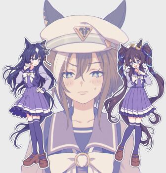 3girls animal_ears beret blue_eyes blue_hair blue_ribbon bow bowtie brown_hair brown_shoes cheval_grand_(umamusume) commentary_request ear_covers ears_through_headwear hair_between_eyes hair_ribbon hat hat_belt highres horse_ears horse_girl horse_tail horseshoe_ornament komasawa_(fmn-ppp) loafers long_hair long_sleeves mole mole_under_eye multicolored_hair multiple_girls peaked_cap pleated_skirt purple_sailor_collar purple_serafuku purple_shirt purple_skirt purple_thighhighs ribbon sailor_collar sailor_shirt school_uniform serafuku shirt shoes siblings single_ear_cover sisters skirt streaked_hair tail thighhighs tracen_school_uniform twintails umamusume v_sisters verxina_(umamusume) vivlos_(umamusume) white_bow white_bowtie white_hair white_hat