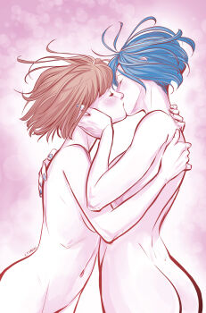 2girls absurdres afterlaughs ass blue_hair blue_nails brown_hair chloe_price closed_eyes commentary completely_nude convenient_censoring couple english_commentary hand_on_another&#039;s_cheek hand_on_another&#039;s_face hands_on_another&#039;s_back highres hug kiss life_is_strange_(series) life_is_strange_1 max_caulfield multiple_girls navel nude pink_background short_hair signature yuri