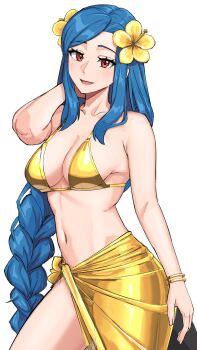 1girl absurdres bikini blue_hair bracelet braid braided_ponytail breasts collarbone commentary dizzy_(guilty_gear) english_commentary flower gold_bikini gold_bracelet gold_flower gold_sarong golden_week guilty_gear guilty_gear_strive hair_flower hair_ornament halterneck hand_in_own_hair highres jewelry kuon_bb long_hair looking_at_viewer low-tied_long_hair mature_female navel queen_dizzy red_eyes simple_background solo stomach swept_bangs swimsuit white_background