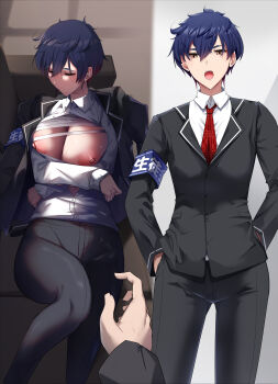 1girl absurdres armband big_shine black_jacket black_pants blue_hair breasts brown_eyes chest_sarashi closed_eyes collared_shirt couch crossdressing crossdressing_(ftm) hands_in_pockets highres jacket jacket_on_shoulders large_breasts lying necktie nipples on_back open_clothes open_mouth open_shirt original outstretched_hand pants red_necktie reverse_trap sarashi school_uniform shirt shirt_tucked_in short_hair solo standing tomboy white_shirt