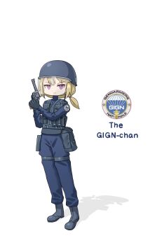 Rule 34 | 1girl, badge, belt, belt pouch, black gloves, blonde hair, blue jumpsuit, boots, bulletproof vest, character name, chest rig, closed mouth, english text, face shield, france, full body, gendarmerie nationale, gign, gloves, gun, hand up, handgun, helmet, highres, holding, holding gun, holding weapon, invisible floor, jumpsuit, leochan1202, long sleeves, looking at viewer, low twintails, medium hair, original, parachute, patch, pink eyes, police, police uniform, pouch, revolver, serious, shadow, shoulder patch, simple background, soldier, solo, standing, tactical vest, thigh pouch, twintails, weapon, white background