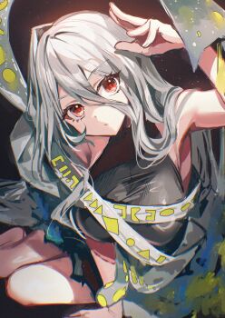 1girl absurdres armpits bare_legs barefoot black_background black_dress blue_dress breasts commentary_request dress hair_between_eyes hand_up head_tilt highres hitomin_(ksws7544) large_breasts long_hair long_hair_between_eyes looking_at_viewer red_eyes ribbon_around_body sitting sleeveless sleeveless_dress solo touhou white_hair yokozuwari yuiman_asama