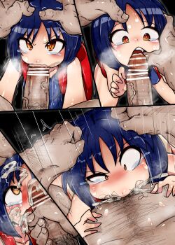 1boy 1girl :>= absurdres age_difference animal_ears arcana_heart backpack bag bar_censor blue_hair breasts breasts_out brown_eyes bukkake censored cheek_bulge cum cum_in_mouth cum_on_body cum_overflow daidouji_kira deepthroat erection facial fangs fat fat_man fellatio flat_chest grabbing_another's_hair hetero highres holding_another's_hair looking_at_another moaning multiple_views nekosatsu1 one-piece_swimsuit oral penis petite pubic_hair randoseru rolling_eyes school_swimsuit sequential shiny_skin short_hair simple_background size_difference small_breasts smile steaming_body sweat swimsuit tears trembling uneven_eyes veins veiny_penis