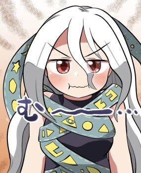 Rule 34 | 1girl, :i, bare shoulders, black dress, blush, closed mouth, commentary request, double-parted bangs, dress, hair between eyes, highres, long hair, long hair between eyes, looking at viewer, red eyes, rokugou daisuke, signature, sleeveless, sleeveless dress, solo, touhou, upper body, v-shaped eyebrows, white hair, yuiman asama