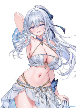 1girl arm_up bare_shoulders bikini bikini_skirt blue_eyes blue_ribbon breasts cleavage commentary cowboy_shot fingernails grey_hair hair_ornament hair_ribbon highres large_breasts long_hair looking_at_viewer machi_(machi0910) machi_(machi0910)_(person) mole mole_on_breast navel original parted_lips ponytail ribbon simple_background smile solo stomach swimsuit thigh_gap twitter_username white_background