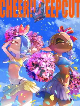 1boy 2girls absurdres alternate_costume arched_back arms_up big_man_(splatoon) blonde_hair blue_hair blue_sky blue_sports_bra bow breasts cheerleader confetti couldoh cowboy_shot cross-shaped_pupils dark_skin english_text floating_clothes frye_(splatoon) gradient_hair hair_bow hair_over_one_eye highres inkling looking_afar looking_ahead looking_at_viewer manta_ray medium_breasts miniskirt multicolored_hair multiple_girls nintendo o3o octoling one_eye_closed panty_straps pom_pom_(cheerleading) red_bow red_eyes shiver_(splatoon) sidelighting skirt sky small_breasts splatoon_(series) splatoon_3 sports_bra symbol-shaped_pupils tentacle_hair yellow_eyes yellow_sports_bra