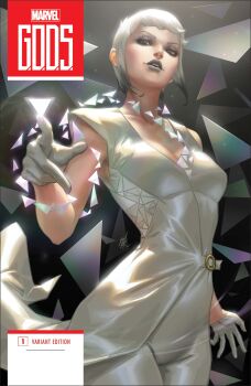 Rule 34 | 1girl, absurdres, black background, black hair, breasts, cleavage, comic cover, company name, copyright logo, copyright name, cover, cover page, cowboy shot, ejikure, english text, eyeshadow, gloves, gradient background, gradient hair, grey background, grey eyes, grey eyeshadow, grey hair, grey lips, grey theme, highres, logo, looking at viewer, looking down, makeup, marvel, medium breasts, multicolored hair, multiple theme colors, ninetyseven, official art, open mouth, pants, pointing, pointing at viewer, realistic, shirt, short hair, solo, white gloves, white hair, white pants, white shirt, white theme