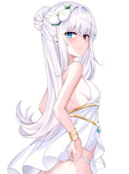 1girl backless_dress backless_outfit bare_shoulders blue_eyes bracelet breasts commission dress flower gold_bracelet hair_bun hair_flower hair_ornament heterochromia highres jewelry lanaria_von_lorelei_(majoamtwaeji) long_hair orange_eyes original panties second-party_source short_dress sideboob sleeveless sleeveless_dress small_breasts solo underwear upper_body white_dress white_flower white_hair white_panties