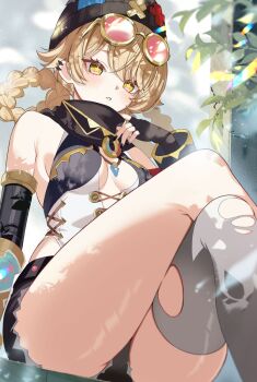 1girl bare_shoulders black_gloves black_hat blonde_hair braid braided_hair_rings breasts commentary_request crossed_legs detached_sleeves eyewear_on_head fingerless_gloves genshin_impact gloves goggles goggles_on_head grey_thighhighs hair_rings hand_up hat jahoda_(genshin_impact) long_sleeves looking_at_viewer mechanical_arms motsunuki outdoors parted_lips single_thighhigh solo star-shaped_pupils star_(symbol) symbol-shaped_pupils thighhighs thighs torn_clothes torn_thighhighs yellow_eyes