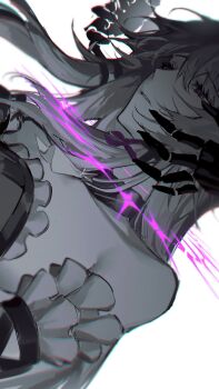 1girl 1nuyaki absurdres bare_shoulders detached_sleeves dress greyscale herta_(honkai:_star_rail) highres honkai:_star_rail honkai_(series) long_hair monochrome parted_lips purple_eyes sideways solo spot_color strapless strapless_dress the_herta_(honkai:_star_rail) upper_body white_background