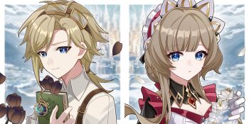 Rule 34 | 1boy, 1girl, absurdres, alain guillotin, blonde hair, blue eyes, blue pupils, blunt bangs, blurry, blurry background, book, breasts, chinese commentary, cleavage, closed mouth, collared shirt, commentary request, creator and creation, detached collar, dress, flower, frilled dress, frills, genshin impact, goggles, goggles on head, headdress, highres, holding, holding book, holding flower, light smile, looking at viewer, looking to the side, medium breasts, multicolored eyes, parted lips, sandrone (genshin impact), shade, shirt, short hair, spandex, spoilers, swept bangs, upper body, white flower, xinjinjumin446902792993