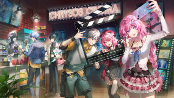 2girls 3girls absurdres aglaea_(honkai:_star_rail) alternate_costume alternate_hairstyle anaxa_(honkai:_star_rail) black_skirt black_thighhighs blue_eyes braid caelus_(honkai:_star_rail) castorice_(honkai:_star_rail) cellphone cerydra_(honkai:_star_rail) cipher_(honkai:_star_rail) commentary cyrene_(honkai:_star_rail) cyrene_(ripples_of_past_reverie)_(honkai:_star_rail) dan_heng_(honkai:_star_rail) do_myzu english_commentary highres holding holding_phone honkai:_star_rail honkai_(series) hyacine_(honkai:_star_rail) hysilens_(honkai:_star_rail) jacket layered_skirt long_hair long_sleeves looking_at_viewer lygus_(honkai:_star_rail) march_7th_(honkai:_star_rail) multiple_girls mydei_(honkai:_star_rail) official_art_inset open_clothes open_jacket open_mouth phainon_(honkai:_star_rail) phone pink_hair pointy_ears purple_eyes red_jacket second-party_source selfie shirt silver_wolf_(honkai:_star_rail) skirt smartphone smile stelle_(honkai:_star_rail) thighhighs trailblazer_(honkai:_star_rail) tribios_(honkai:_star_rail) twin_braids v white_shirt zettai_ryouiki