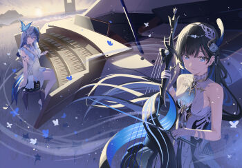 2girls absurdres armpit_crease bandaged_arm bandages black_hair blue_butterfly blue_eyes blue_hair breasts bug butterfly cello closed_mouth colored_inner_hair commentary company_connection conductor_baton crossover dress earrings feather_hair_ornament feathers flower frilled_dress frills gloves gold_collar grand_piano grass hair_between_eyes hair_flower hair_ornament hand_up highres holding holding_instrument insect instrument jewelry join4823 light_smile long_hair looking_at_viewer loose_bandages medium_breasts mountainous_horizon multicolored_hair multiple_girls ocean outdoors piano punishing:_gray_raven purple_eyes selena:_pianissimo_(pgr) selena_(pgr) shorekeeper_(wuthering_waves) short_hair sideboob sitting sleeveless sleeveless_dress standing stool sun veil very_long_hair white_dress white_gloves white_veil wide_shot wuthering_waves