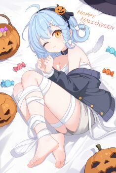 1girl absurdres ahoge artist_name bandages barefoot black_hairband blonde_armpit_hair blue_hair blush bound bound_legs bound_wrists braid braided_sidelock breasts candy cleavage collar collarbone eugenecolin feet food full_body grey_shorts hair_between_eyes hair_rings hairband hands_up happy_halloween highres jack-o&#039;-lantern jacket knees_up legs looking_at_viewer lying medium_hair off_shoulder on_side one_eye_closed open_clothes open_jacket orange_eyes original short_shorts shorts signature skindentation small_breasts soles solo toes