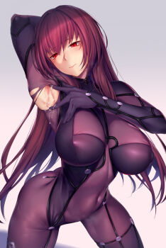 1girl arm_behind_head arm_up armpits blush bodysuit breasts covered_navel cum cum_on_armpit cum_on_armpits cum_on_body fate/grand_order fate_(series) hair_intakes highres large_breasts long_hair looking_at_viewer lun7732 purple_bodysuit purple_hair red_eyes scathach_(fate) solo spread_armpit thighs torn_bodysuit torn_clothes