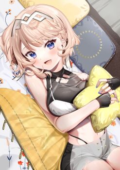 1girl black_gloves black_shirt blue_eyes blue_nails braid breasts brown_hair campanella_(vtuber) chi_no commentary crop_top cropped_shirt fingerless_gloves gloves grey_shirt half_crown_braid headpiece highres hugging_object indie_virtual_youtuber large_breasts looking_at_viewer lying medium_hair midriff navel on_bed open_mouth pillow pillow_hug shirt sleeveless sleeveless_shirt smile solo star-shaped_pillow symbol-only_commentary virtual_youtuber