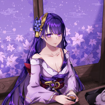 1girl absurdres back_bow blunt_bangs blush bow breasts cleavage closed_mouth collarbone commentary cup ellireii genshin_impact hair_down hair_ornament highres holding holding_cup indoors japanese_clothes kimono large_breasts light_smile long_hair long_sleeves looking_at_viewer mole mole_under_eye off_shoulder pink_lips purple_background purple_eyes purple_hair purple_kimono raiden_shogun red_sash sash shade sitting solo table tea upper_body wide_sleeves