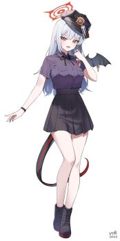 1girl absurdres black_ribbon black_shoes black_skirt black_tail blue_archive braid breast_pocket breasts commentary demon_wings full_body grey_hair halo haruna_(blue_archive) highres large_breasts long_hair looking_at_viewer miniskirt myeolchi neck_ribbon open_mouth piercing pleated_skirt pocket purple_shirt red_eyes red_halo ribbon shirt shoes short_sleeves single_wing skirt smile solo very_long_hair wing_piercing wings